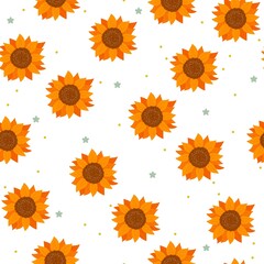 Seamless vector pattern with cute hand drawn sunflowers and stars. Elegant summer theme flat design. Fun floral background for print, wrapping paper, textile, fabric, wallpaper, gift, card, packaging.