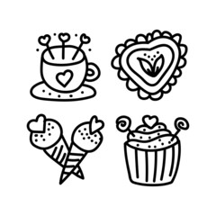 Valentines day Doodle set of icons date of lovers. Meeting in a cafe ice cream, a cup of coffee, cupcake, ice cream in a cone, valentine cookie. Hand drawn Illustration for web, card, holiday, sticker