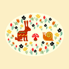 Design elements in the form of a rabbit, snail, mushroom and flowers for composition in ethno style
