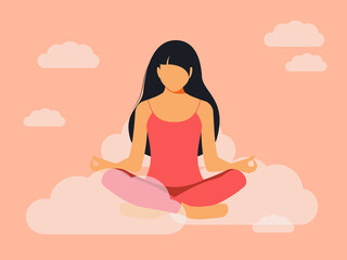 Obraz premium A woman sitting in a lotus position meditates while doing yoga. Mental health concept. The girl clears her thoughts and feels light as if she is in the clouds. Delicate pink dreamy sky poster. Vector.