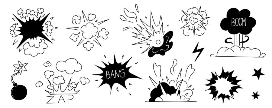 Comic explosion set. Bomb explosion, meteorite fall, smoke cloud and fire flash. Atomic boom or dynamite detonation, black elements doodle style, vector cartoon hand drawn isolated illustration