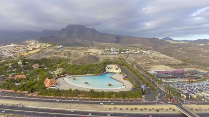 Aerial view of Coasta Adeje in Tenerife. Mountains and countryside.