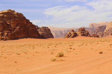 Fototapeta na wymiar Jordan, Wadi Rum desert rock formations and mountains