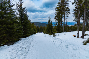 Long mountain trail full of fresh snow at cloudy morning