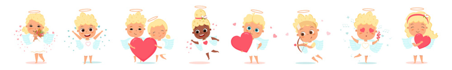 Set of cute cupids angels in different poses. Happy Valentine's Day. Collection of different angels in love, with hearts, shooting a bow, playing music. Flat vector illustration on a white background.