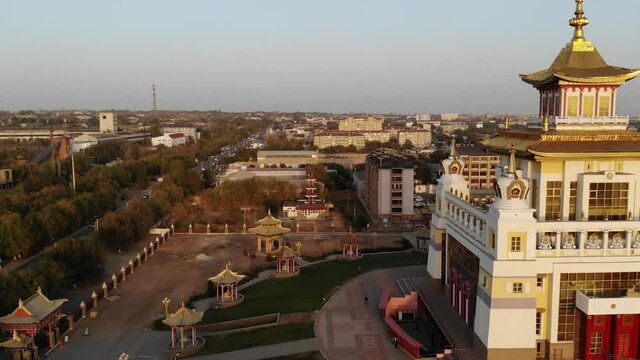 Buddhist temple at sunset in Elista city
