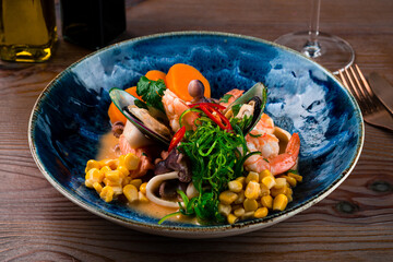 seafood ceviche salmon, squid, octopus, shrimp and mussels