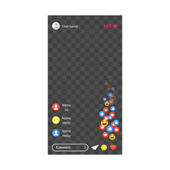 The concept of live broadcasting in social networks on a smartphone. Mobile app video chat interface template isolated on white background.