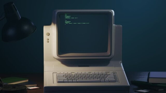 Old personal computer or PC zooming out. Source code running on screen, display. Dynamic noise, glitch effects. Table lamp light. Retro style composition. Vintage 70s, 80s monitor. 3D Render animation