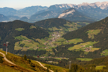 Panorama from mountain Schatzberg to valley Auffach,  Oberau, Wildschönau,  district Bezirk Kufstein in  Tyrol, Austria