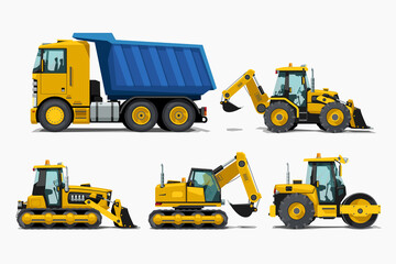 various construction vehicles side view in set