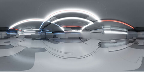 360 degree panorama of modern futuristic technology station space ship sci-fi laboratory. 3d render illustration hdr hdri vr virtual reality environment map