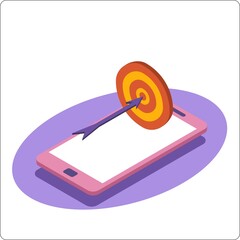 Phone mockup and successful hitting the target. 3d isometric vector illustration. Popular flat colors.
