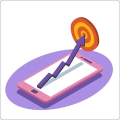 Growth and  successful hitting the target. Phone mockup and growth arrow and target. 3d isometric vector illustration. Popular flat colors.