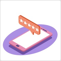 Phone mockup and 5 stars notification. 3d isometric vector illustration. Popular flat colors.