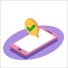 Phone mockup and done ok notification. Mission accomplished. 3d isometric vector illustration. Popular flat colors.