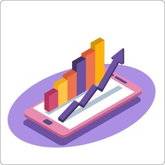 Phone mockup and growth arrow. Graph growth. 3d isometric vector illustration. Popular flat colors.