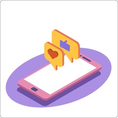 Phone mockup and like notification. 3d isometric vector illustration. Popular flat colors.