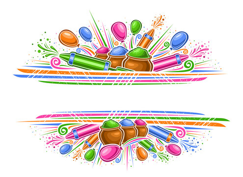 Vector Border for Holi Festival with copy space for text, horizontal frame with illustration of variety colorful balloons, decorative gulal powder in bowls for color holi festival on white background