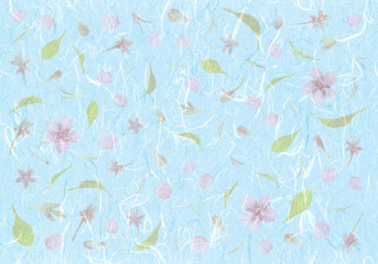春のイメージ押し花、河津桜の空色漉き込み和紙