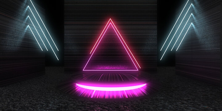 3D abstract background with neon lights. neon tunnel .space construction . .3d illustration © andrii