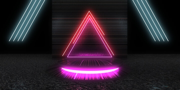3D abstract background with neon lights. neon tunnel .space construction . .3d illustration © andrii