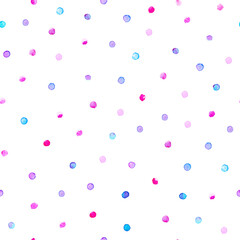 Hand drawn watercolor seamless pattern with dots in blue, purple and pink colors.