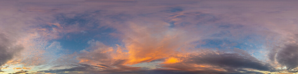 Red burning sunset sky panorama with Cumulus clouds. Seamless hdr 360 pano in spherical...