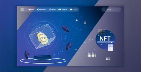 Concept of NFT ,non-fungible token with network vector on dark background. Vector illustration concept nft banner for website. Non-renewable token. Vector illustration.