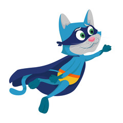 Flying superhero cat. Fictional character in cartoon style