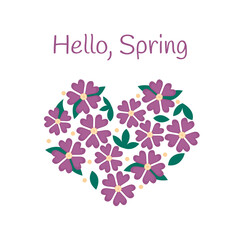 Floral heart isolated. Abstract flowers greeting card. Hello Spring text. Vector flat illustration