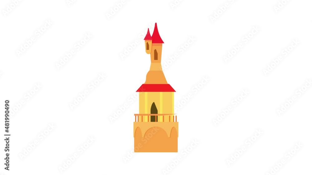 Poster castle tower with a pointed domes icon animation best cartoon object on white background