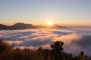 Beautiful sunlight and fog at Phu Thok Mountain at Chiang Khan ,Loei Province in Thailand