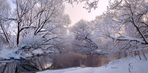 Winter frosty landscape with snow covered trees 