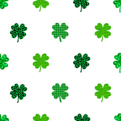 Seamless pattern St Patrick s Day Clover glitter and gemstone. Shamrock leopard and checkered vector illustration