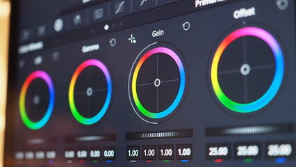 Color grading graph or RGB colour correction indicator on monitor in post production process. Telecine stage in video or film production processing. for colorist edit or adjust color on digital movie.