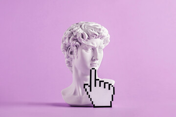 Historical antique statue of david's head and mouse cursor with finger - obrazy, fototapety, plakaty