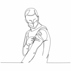 Continuous one simple single abstract line drawing of guy man male vaccination in silhouette on a white background. Linear stylized.