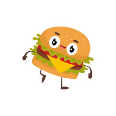 Cartoon illustration of cute funny hamburger. Food concept drawing.
