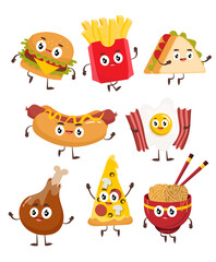 Cheerful, fun fast food cartoon. Food concept drawing.