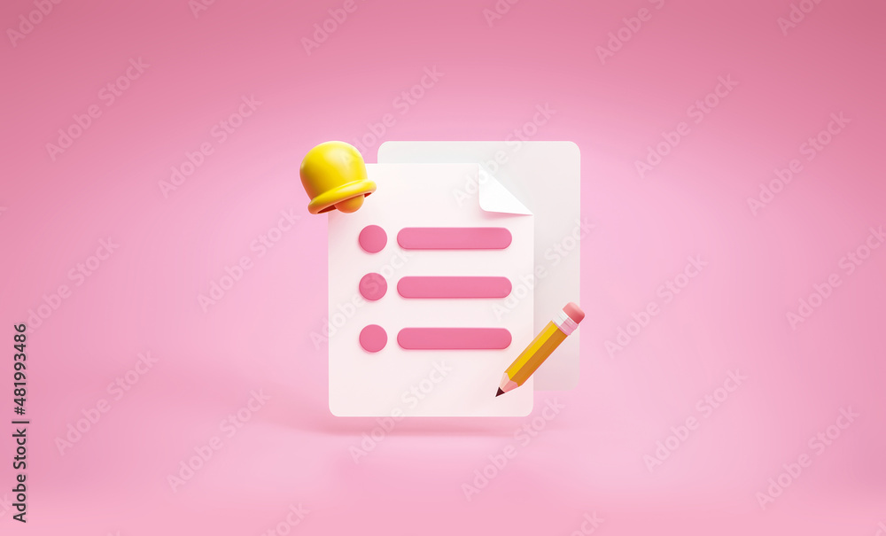 Poster reminder schedule checklist deadline icon and symbol planner concept on pink background 3d rendering