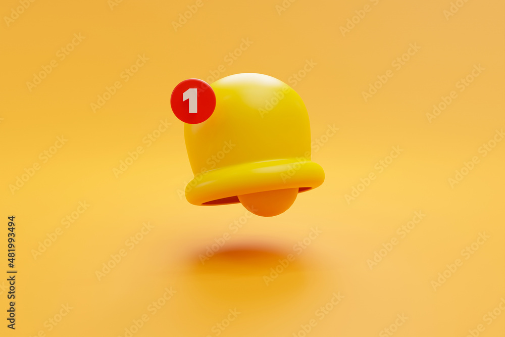 Poster yellow bell yellow message reminder sign alert notification symbol on yellow background 3d rendering
