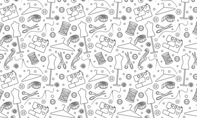 Seamless sewing pattern, background with tools and accessories for sewing