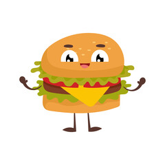 Cartoon illustration of cute funny hamburger. Food concept drawing.