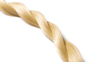 Blonde hair strand for donation on white background