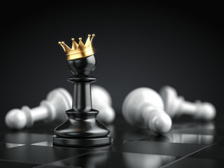 Chess pawn with crown on chess board game. Success strategy startup busines concept. 3d rendering - obrazy, fototapety, plakaty