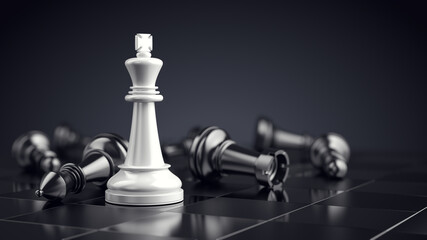 Chess king on chess board game with defeated chess figures. Success strategy busines concept. 3d rendering