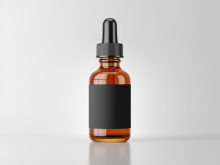 Vape bottle with liquid and blank black label on white background. 3d rendering mockup template