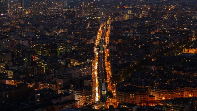 Aerial View of traffic on Boulevard Garibaldi and the elevated Metro line seen at night.