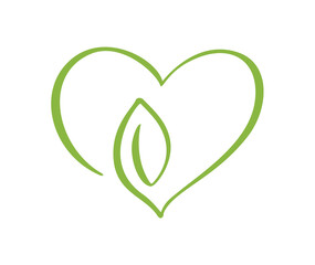 Green vector icon heart shape and leaf. Can be used for eco, vegan herbal healthcare or nature care concept organic logo design